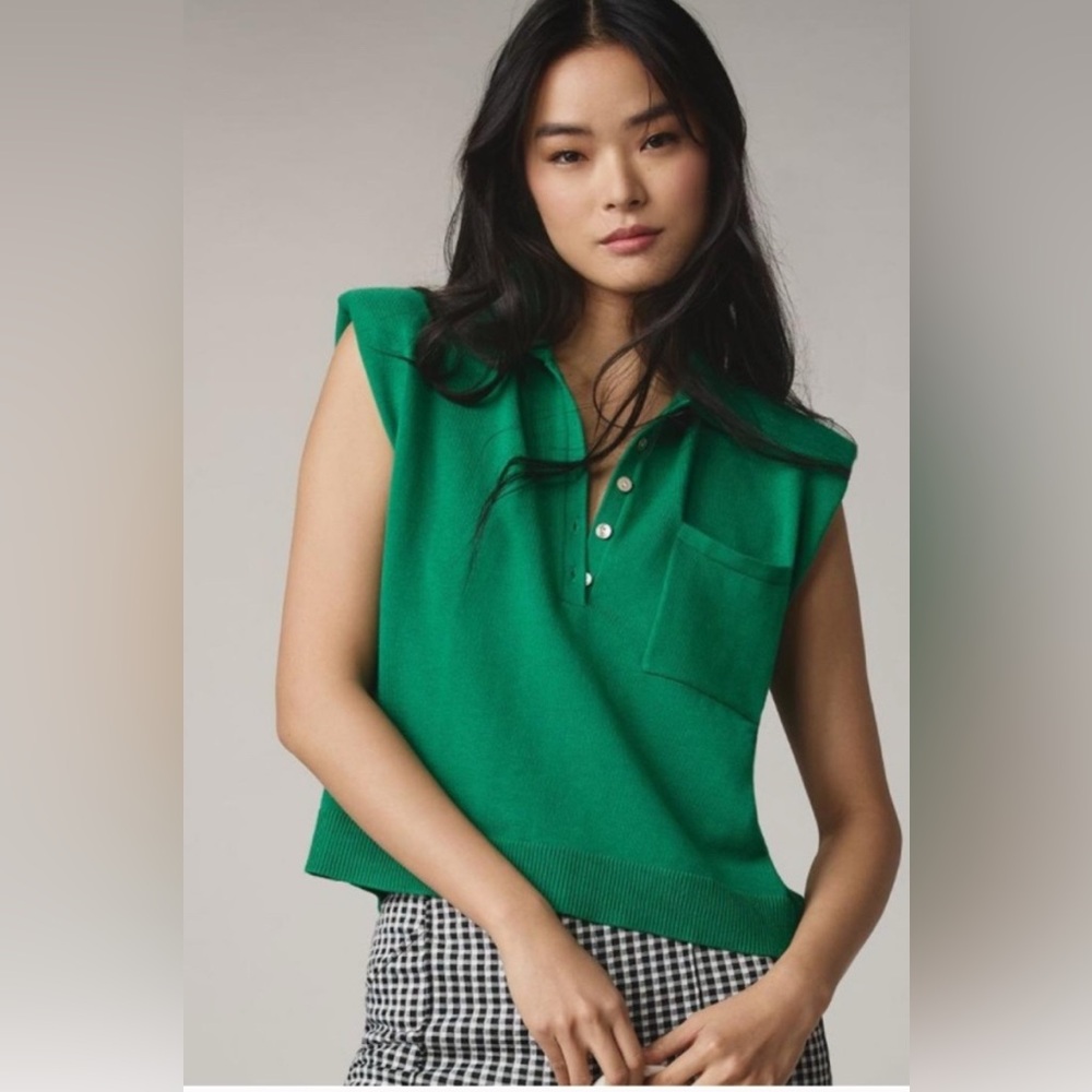 By Anthropologie Collared Polo‎ Muscle Sweater Tank Shirt Sz M Green